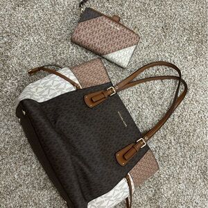 Brown and Tan Designer Tote Bag and Wallet Set
